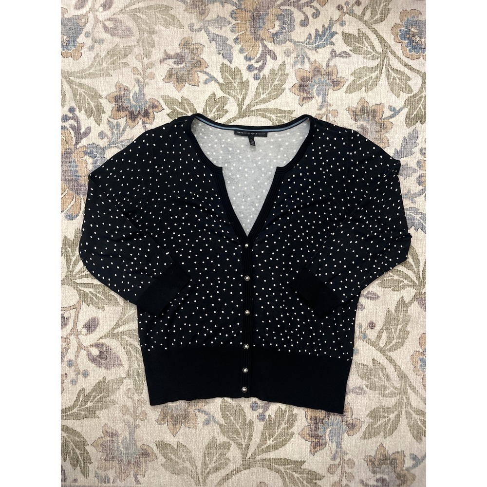 White House Black Market Cardigan Women L Black Excellent Polka Dot V-Neck Knit